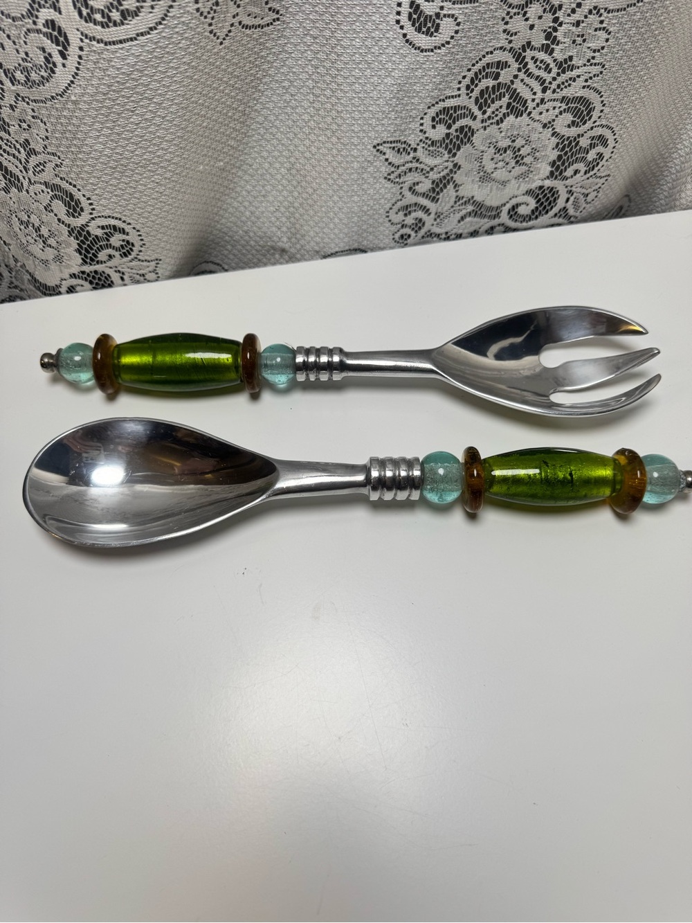 Vintage Murano Style Art Glads Salad Serving Set Green Spoon Fork 2PC